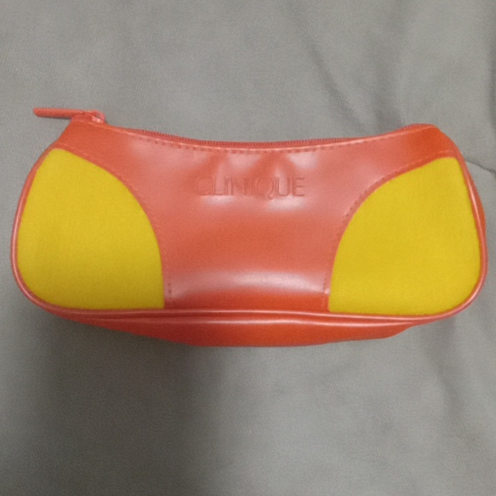 Clinique Orange And Yellow Fuzz Cosmetic Bag Women's Makeup Pouch